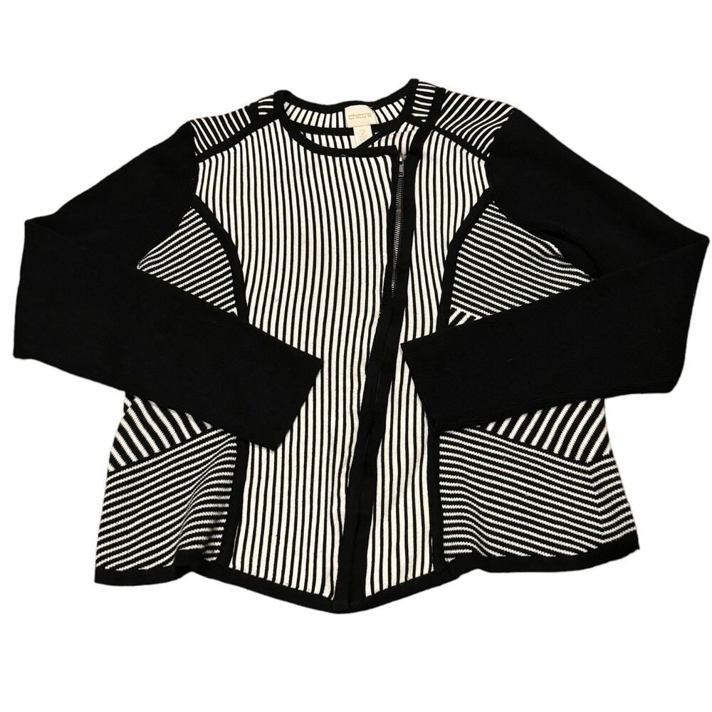 Chico's Natania Black/White Stripe asymmetrical Zip Up Cardigan Sweater size 12